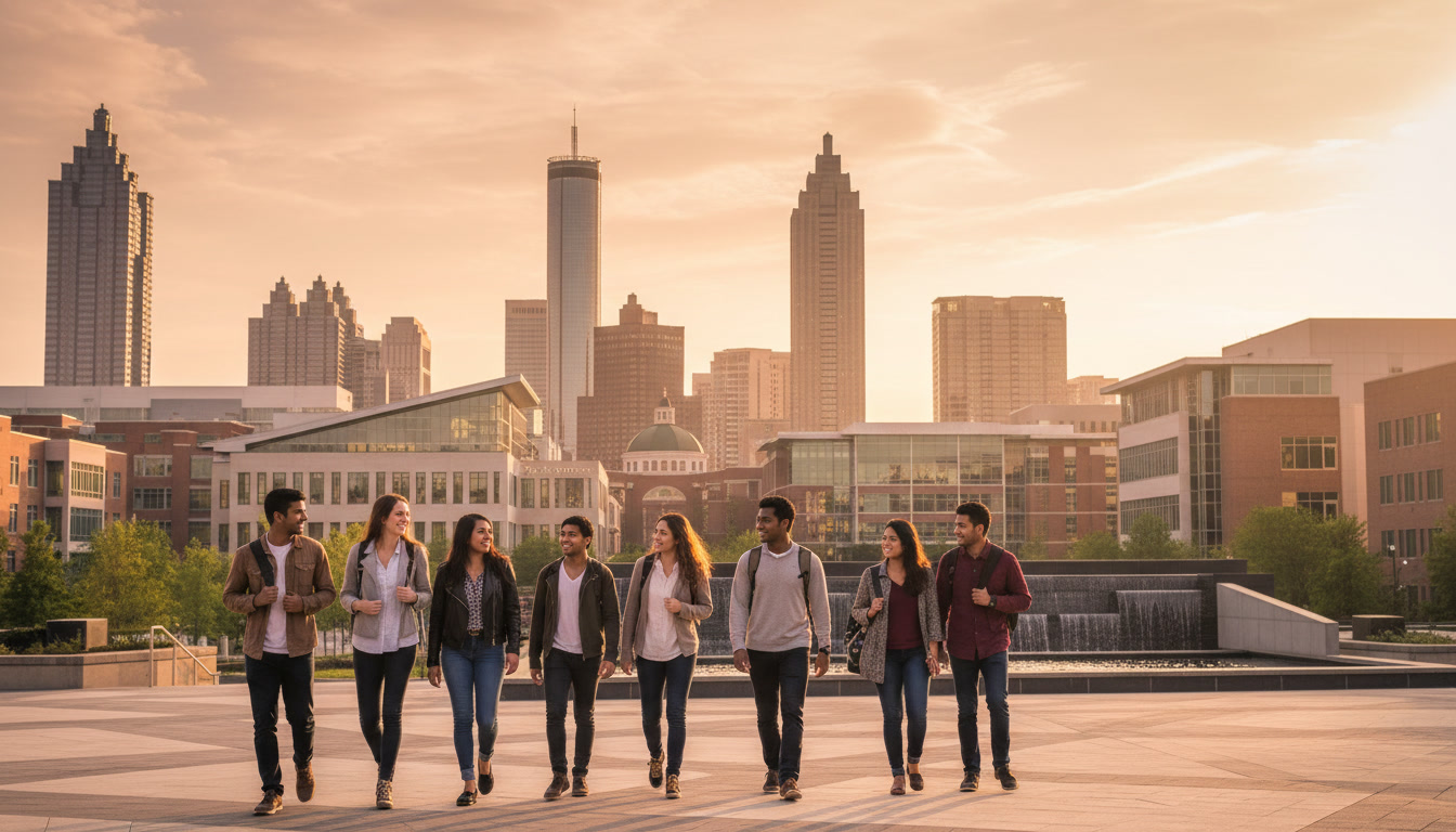 Atlanta skyline at sunset with Georgia Tech campus and international students